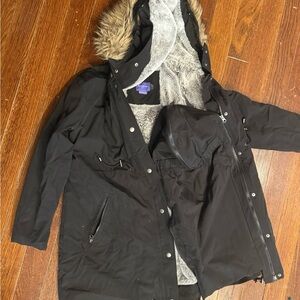 Seraphine Black Marernity Coat with Plush Gray Lining and baby covering insert